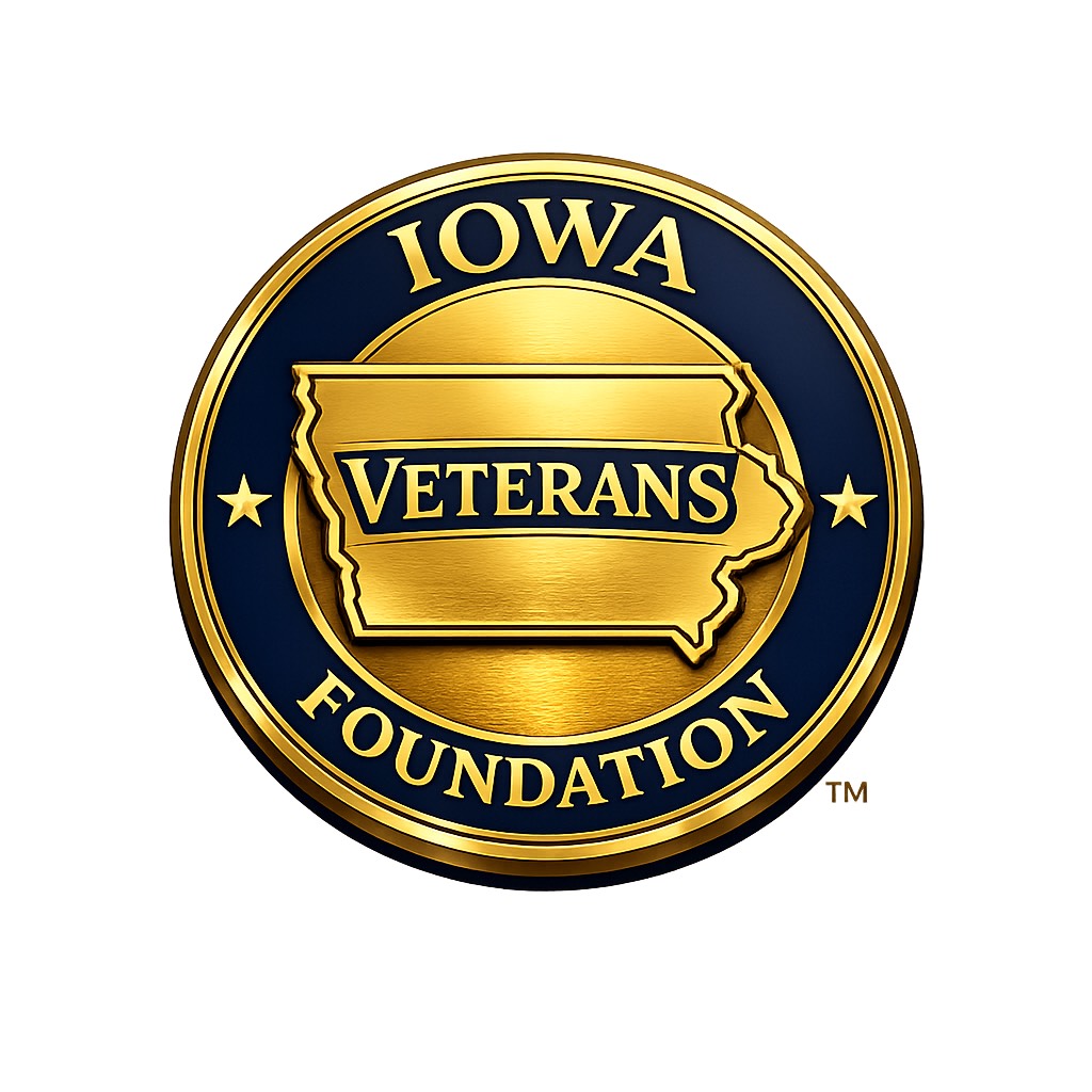 Iowa Veterans Foundation gold and navy seal with the state of Iowa