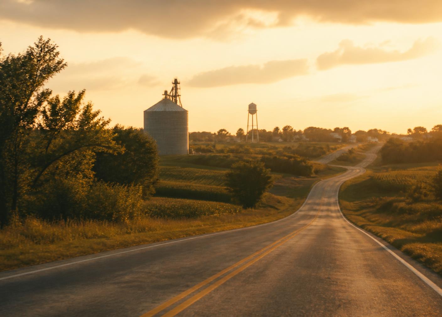 A country backroad winding past a grain silo and small-town water tower at sunset
