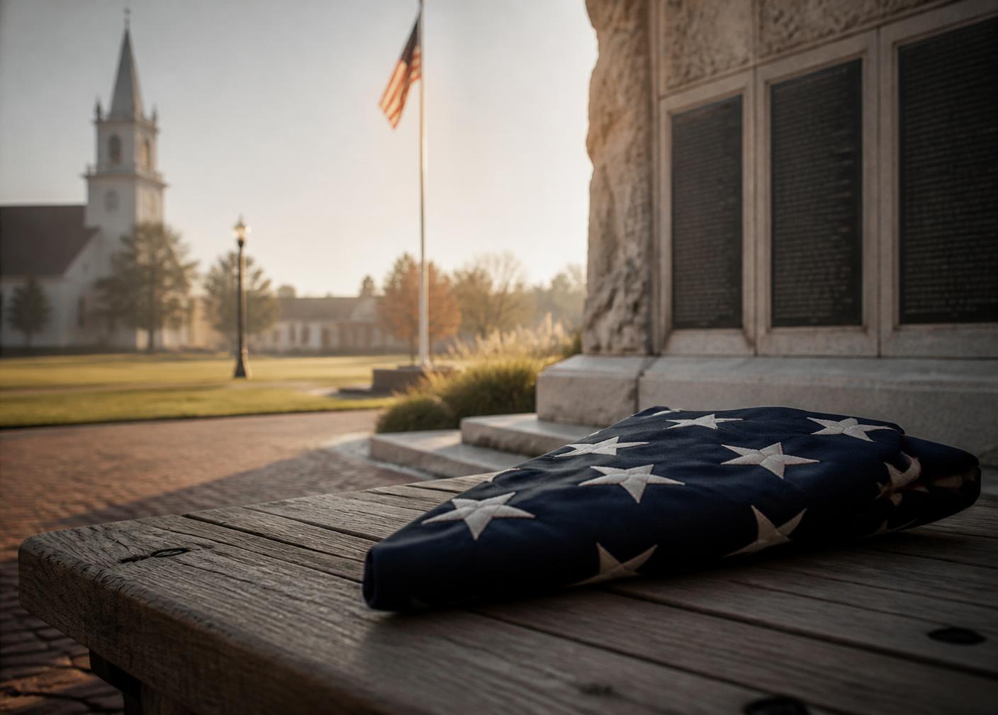 A folded American flag resting on a wooden bench beside a small-town veterans memorial